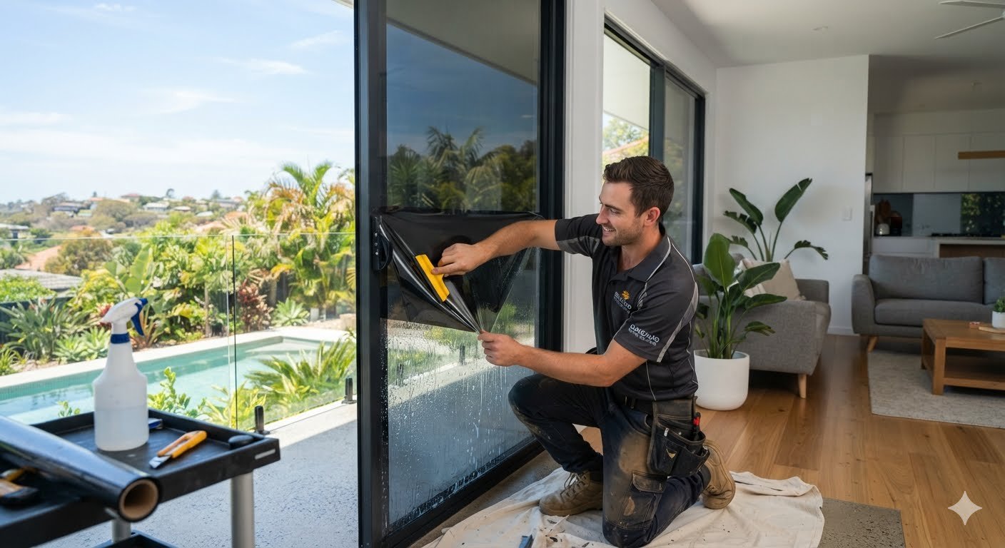 window tinting installer applying film to home window in toowoomba