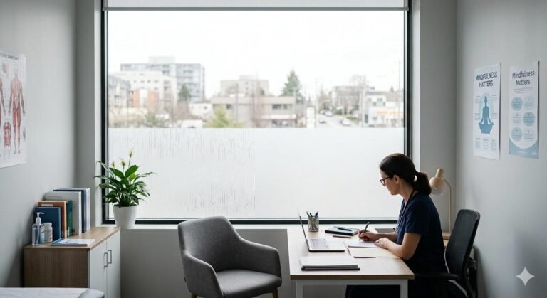 Frosted privacy window film in a Kearneys Spring clinic.