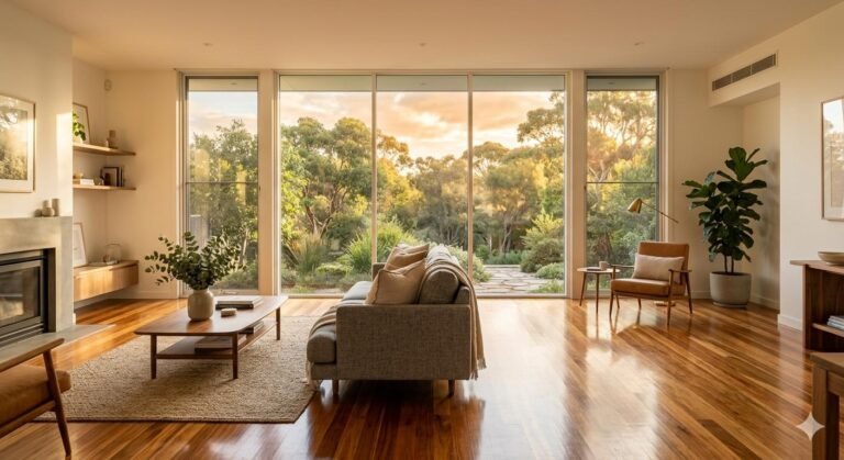 UV window film protecting timber floors in a Middle Ridge home.